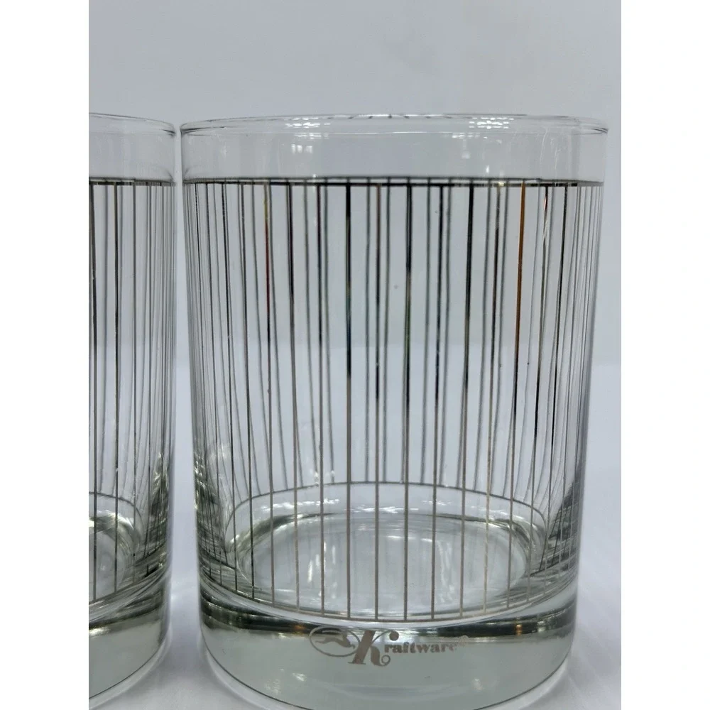 Vintage Kraftware Silver Pinstripe Pattern‎ Glasses Barware Bar Drink Ware